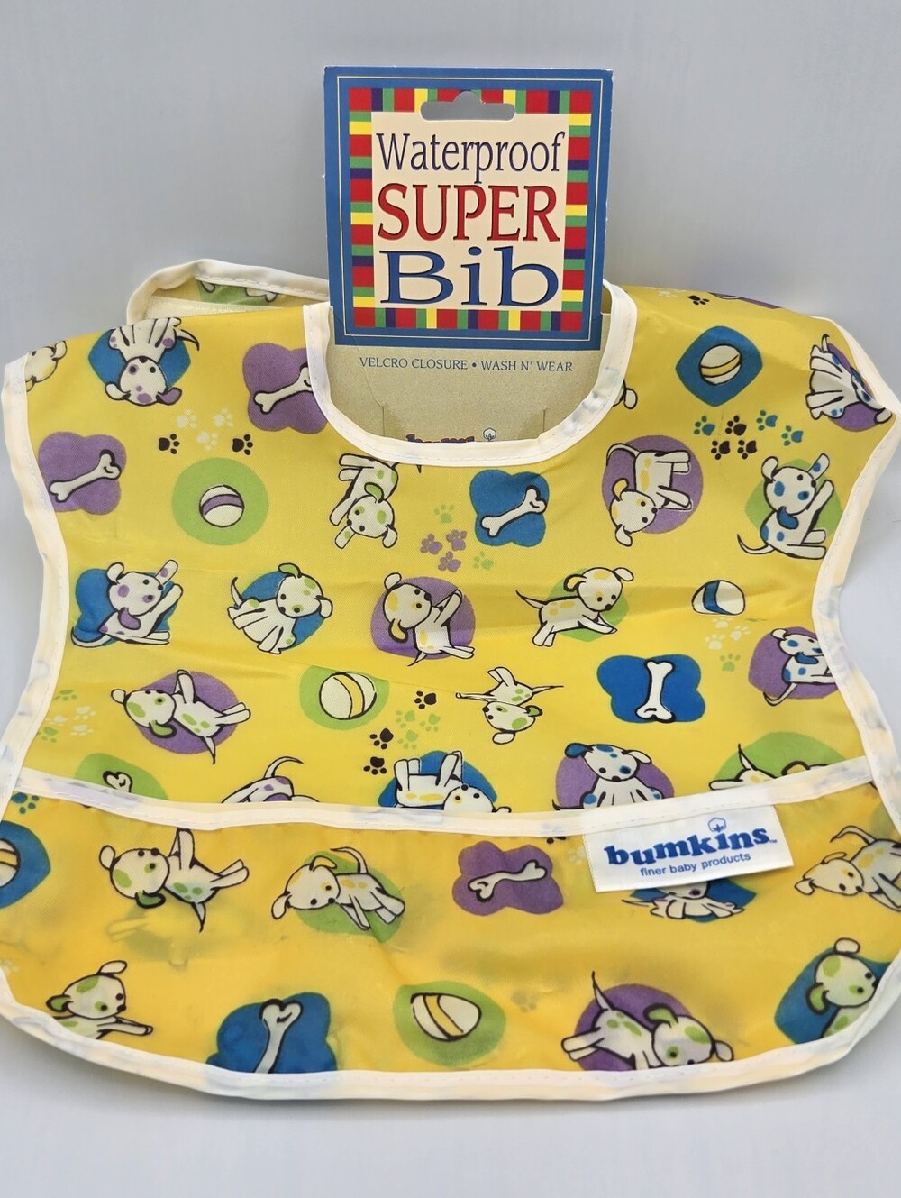 Vintage Puppy Dog Bumkins Baby Bib Catch Pocket Waterproof Yellow 1999